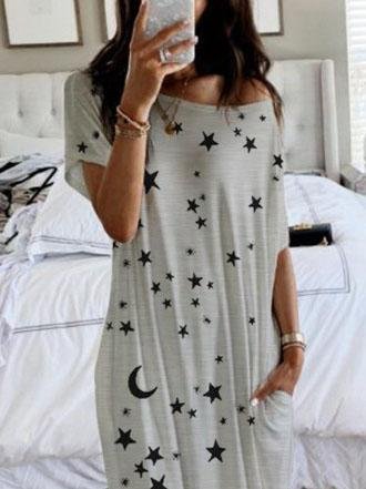 Star And Moon Print Short Sleeve Maxi Dress - Maxi Dresses - INS | Online Fashion Free Shipping Clothing, Dresses, Tops, Shoes - 02/06/2021 - Category_Maxi Dresses - Color_Blue