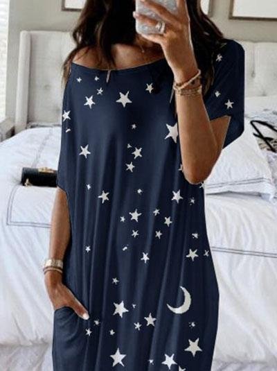 Star And Moon Print Short Sleeve Maxi Dress - Maxi Dresses - INS | Online Fashion Free Shipping Clothing, Dresses, Tops, Shoes - 02/06/2021 - Category_Maxi Dresses - Color_Blue