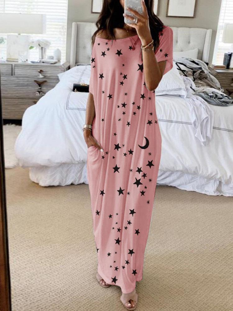 Star And Moon Print Short Sleeve Maxi Dress - Maxi Dresses - INS | Online Fashion Free Shipping Clothing, Dresses, Tops, Shoes - 02/06/2021 - Category_Maxi Dresses - Color_Blue
