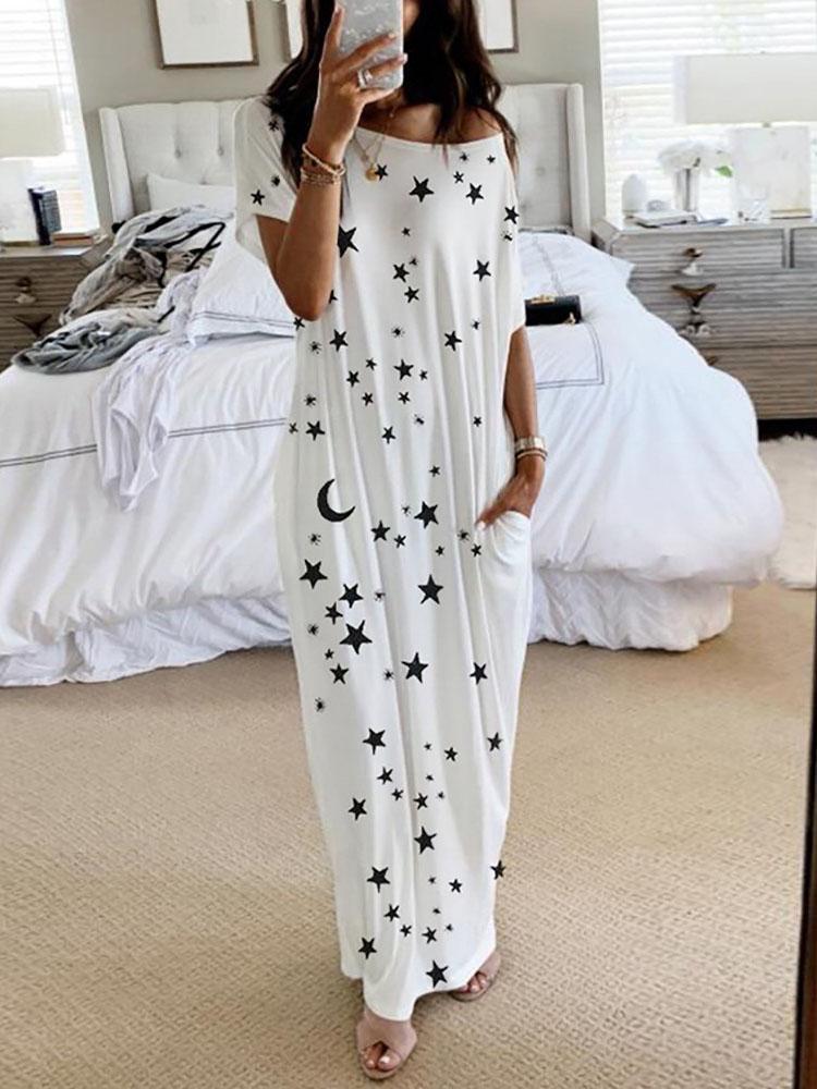 Star And Moon Print Short Sleeve Maxi Dress - Maxi Dresses - INS | Online Fashion Free Shipping Clothing, Dresses, Tops, Shoes - 02/06/2021 - Category_Maxi Dresses - Color_Blue