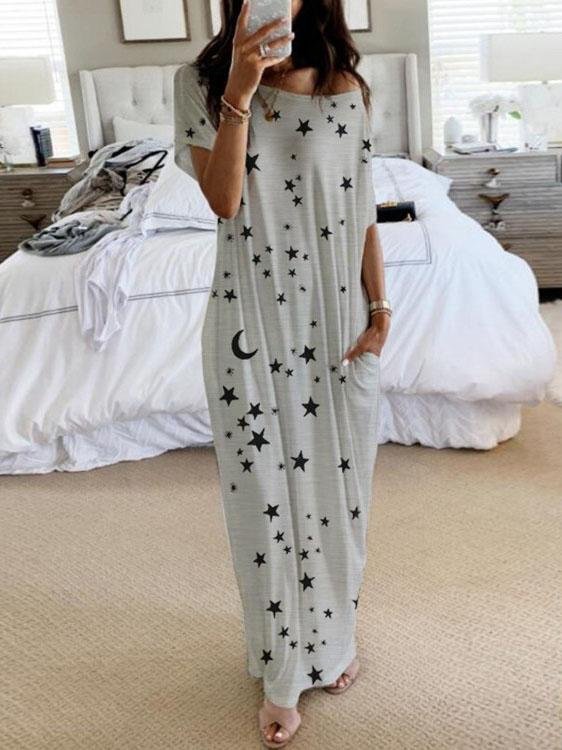 Star And Moon Print Short Sleeve Maxi Dress - Maxi Dresses - INS | Online Fashion Free Shipping Clothing, Dresses, Tops, Shoes - 02/06/2021 - Category_Maxi Dresses - Color_Blue