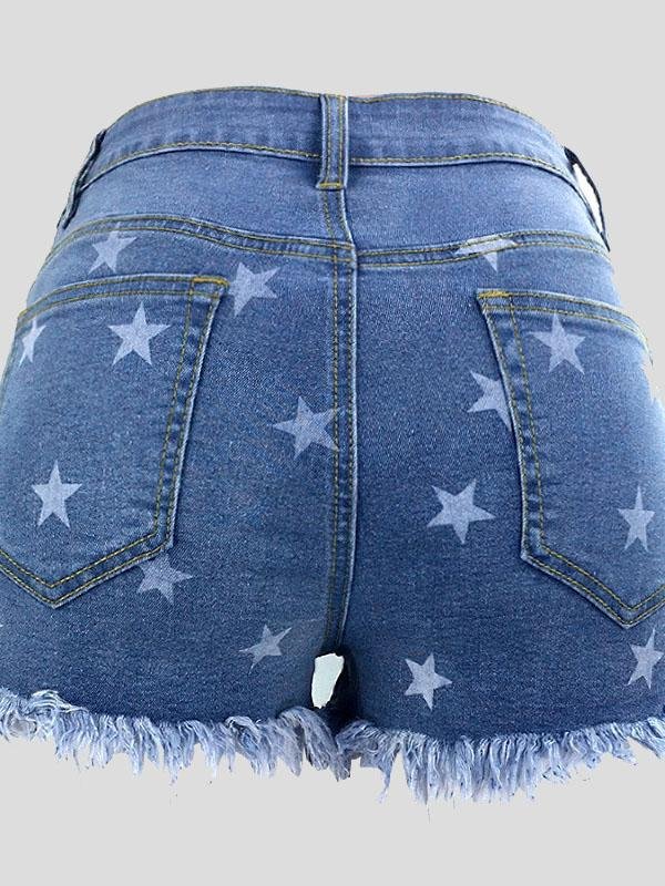 Star Print Fringed Denim Shorts - Shorts - INS | Online Fashion Free Shipping Clothing, Dresses, Tops, Shoes - 15/07/2021 - 20-30 - Bottoms