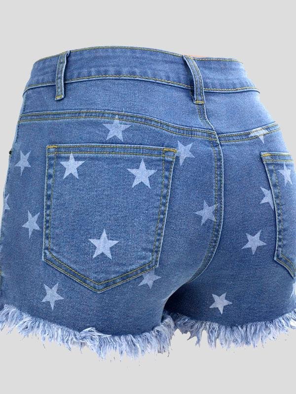 Star Print Fringed Denim Shorts - Shorts - INS | Online Fashion Free Shipping Clothing, Dresses, Tops, Shoes - 15/07/2021 - 20-30 - Bottoms