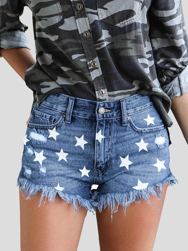 Star Print Fringed Denim Shorts - Shorts - INS | Online Fashion Free Shipping Clothing, Dresses, Tops, Shoes - 15/07/2021 - 20-30 - Bottoms