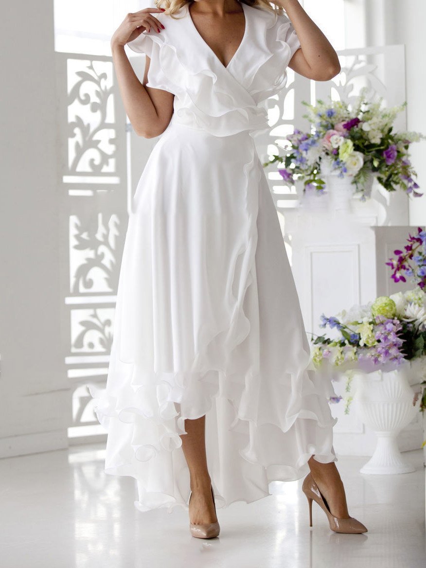 V-Neck Short Sleeve Ruffled Elegant Dress - Maxi Dresses - INS | Online Fashion Free Shipping Clothing, Dresses, Tops, Shoes - 22/07/2021 - Category_Maxi Dresses - color-white