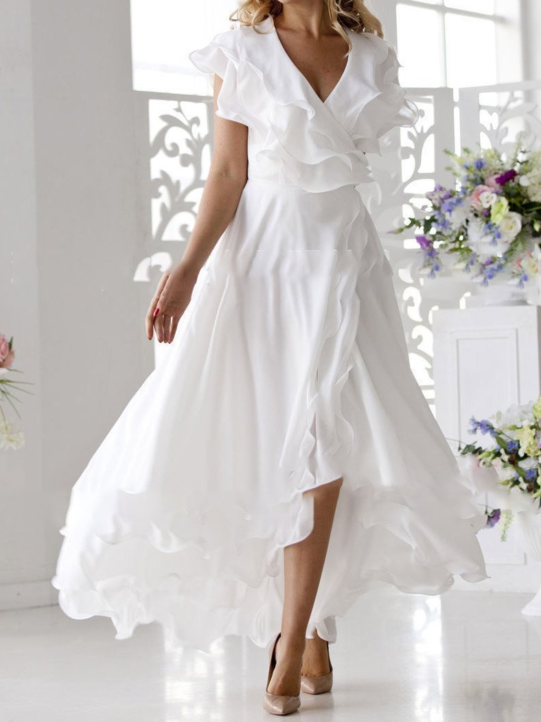 V-Neck Short Sleeve Ruffled Elegant Dress - Maxi Dresses - INS | Online Fashion Free Shipping Clothing, Dresses, Tops, Shoes - 22/07/2021 - Category_Maxi Dresses - color-white