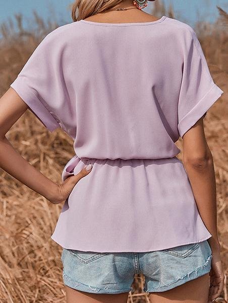 V-neck Short-sleeved Solid Loose Blouse - Blouses - INS | Online Fashion Free Shipping Clothing, Dresses, Tops, Shoes - 18/06/2021 - 20-30 - BLO2106180119