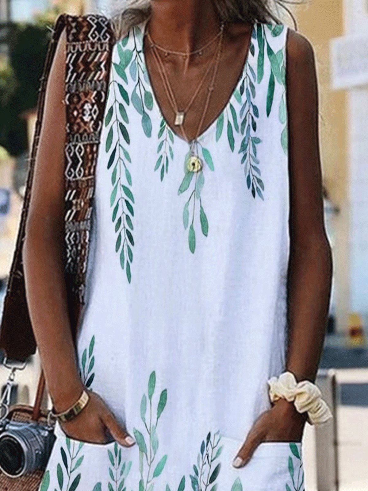 V-Neck Sleeveless Leaf Print Pocket Loose Dress - Mini Dresses - INS | Online Fashion Free Shipping Clothing, Dresses, Tops, Shoes - 20-30 - 21/06/2021 - Category_Mini Dresses