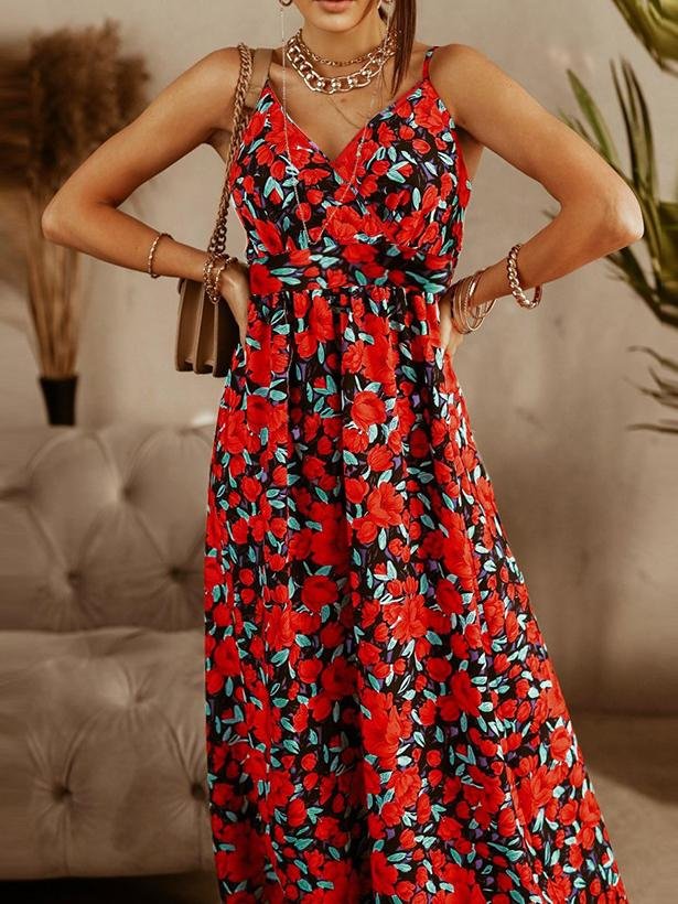 V-neck Sling Floral Bohemian Beach Dress - Maxi Dresses - INS | Online Fashion Free Shipping Clothing, Dresses, Tops, Shoes - 20-30 - 21/06/2021 - color-green