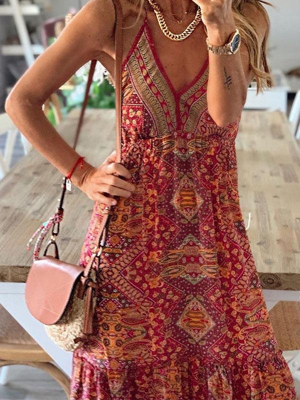 V-neck Strap Bohemian Holiday Print Dress - Maxi Dresses - INS | Online Fashion Free Shipping Clothing, Dresses, Tops, Shoes - 15/07/2021 - 30-40 - Category_Maxi Dresses