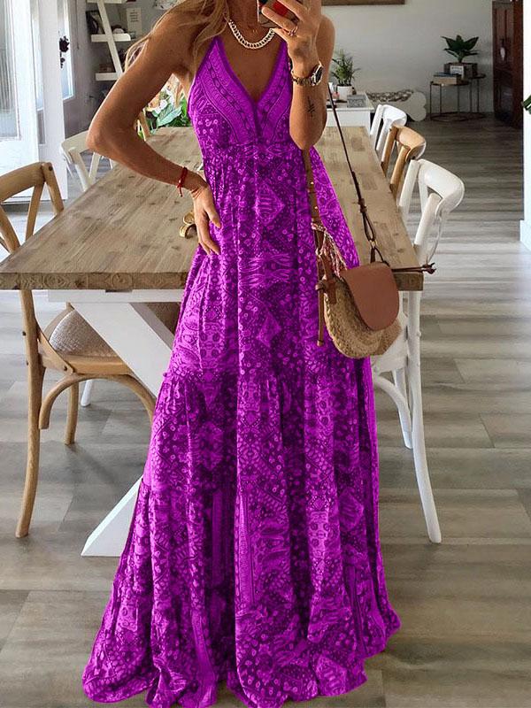 V-neck Strap Bohemian Holiday Print Dress - Maxi Dresses - INS | Online Fashion Free Shipping Clothing, Dresses, Tops, Shoes - 15/07/2021 - 30-40 - Category_Maxi Dresses