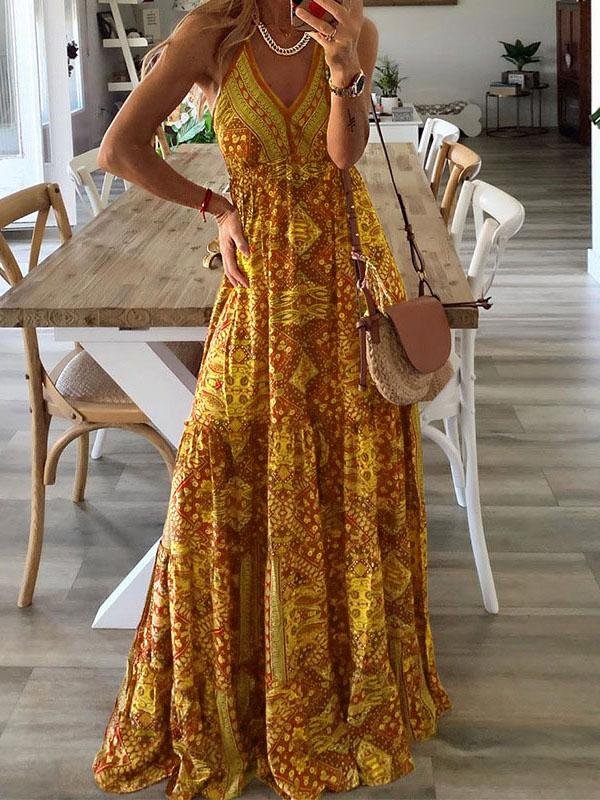 V-neck Strap Bohemian Holiday Print Dress - Maxi Dresses - INS | Online Fashion Free Shipping Clothing, Dresses, Tops, Shoes - 15/07/2021 - 30-40 - Category_Maxi Dresses