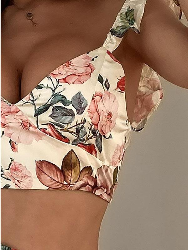 Women Floral Print Sleeveless Crop Top & Floor Length Maxi Skirt Set - Two-piece Outfits - INS | Online Fashion Free Shipping Clothing, Dresses, Tops, Shoes - 14/05/2021 - 140521 - Color_Red