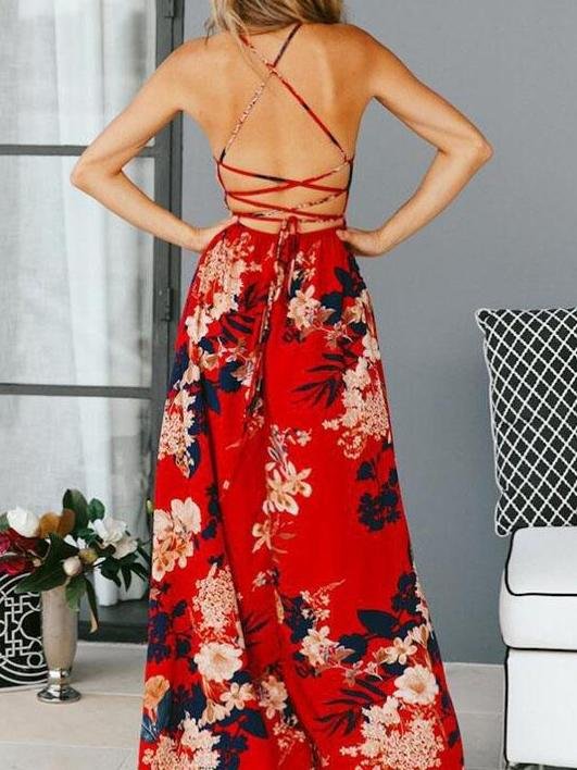 Women Sleeveless Sling V Neck Floral Print Dress - Dresses - INS | Online Fashion Free Shipping Clothing, Dresses, Tops, Shoes - 13/05/2021 - 130521 - Color_Wine Red