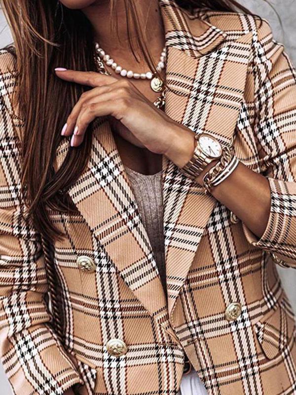 Women's Blazers Double-Breasted Plaid Printed Long Sleeve Blazer - Blazers - INS | Online Fashion Free Shipping Clothing, Dresses, Tops, Shoes - 03/11/2021 - 30-40 - BLA2111031166