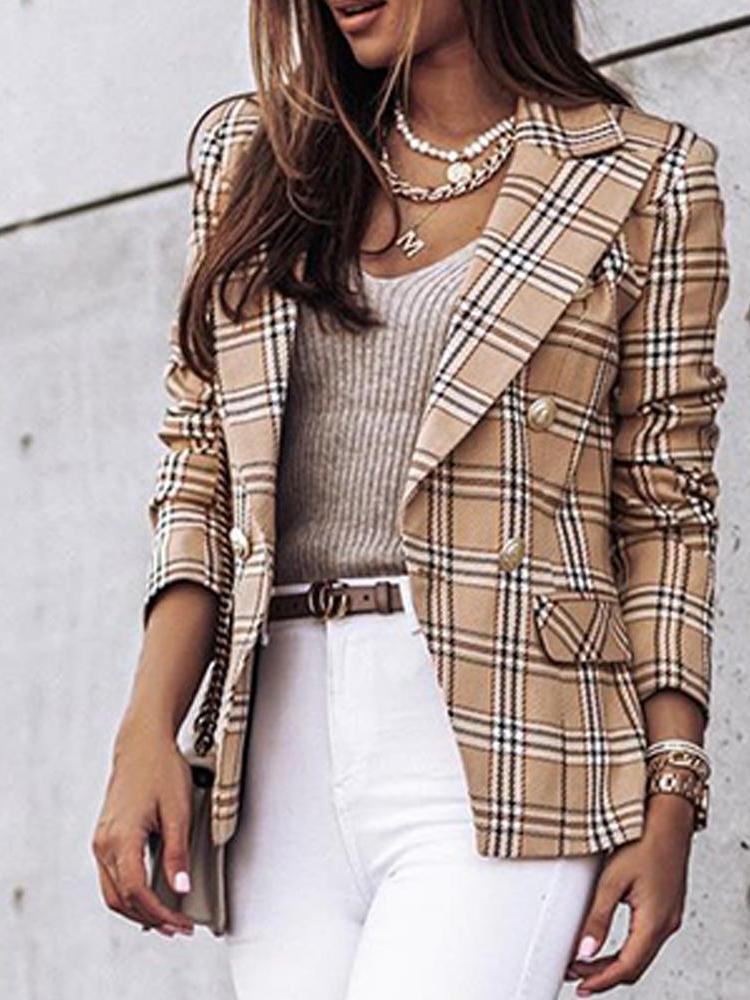 Women's Blazers Double-Breasted Plaid Printed Long Sleeve Blazer - Blazers - INS | Online Fashion Free Shipping Clothing, Dresses, Tops, Shoes - 03/11/2021 - 30-40 - BLA2111031166