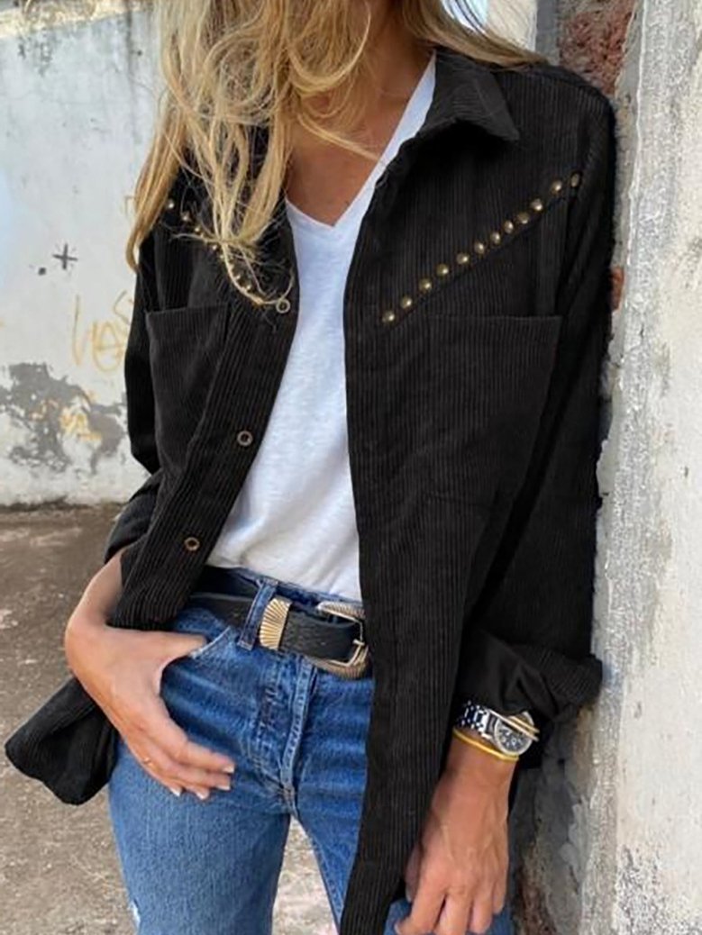Women's Blouses Corduroy Rivet Long Sleeve Button Pocket Blouse - Blouses - INS | Online Fashion Free Shipping Clothing, Dresses, Tops, Shoes - 22/10/2021 - 30-40 - Blouses