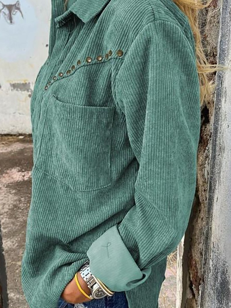 Women's Blouses Corduroy Rivet Long Sleeve Button Pocket Blouse - Blouses - INS | Online Fashion Free Shipping Clothing, Dresses, Tops, Shoes - 22/10/2021 - 30-40 - Blouses