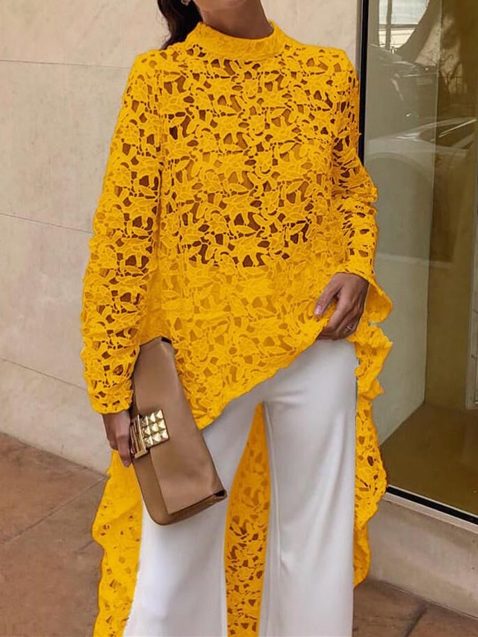 Women's Blouses Lace Irregular Hollow Long Sleeve Blouse - Blouses - Instastyled | Online Fashion Free Shipping Clothing, Dresses, Tops, Shoes - 13/01/2022 - 30-40 - BLO2201131543