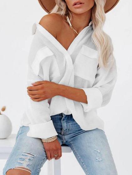 Women's Blouses Lapel Solid Button Pocket Long Sleeve Blouse - Blouses - INS | Online Fashion Free Shipping Clothing, Dresses, Tops, Shoes - 03/11/2021 - 20-30 - BLO2111031406