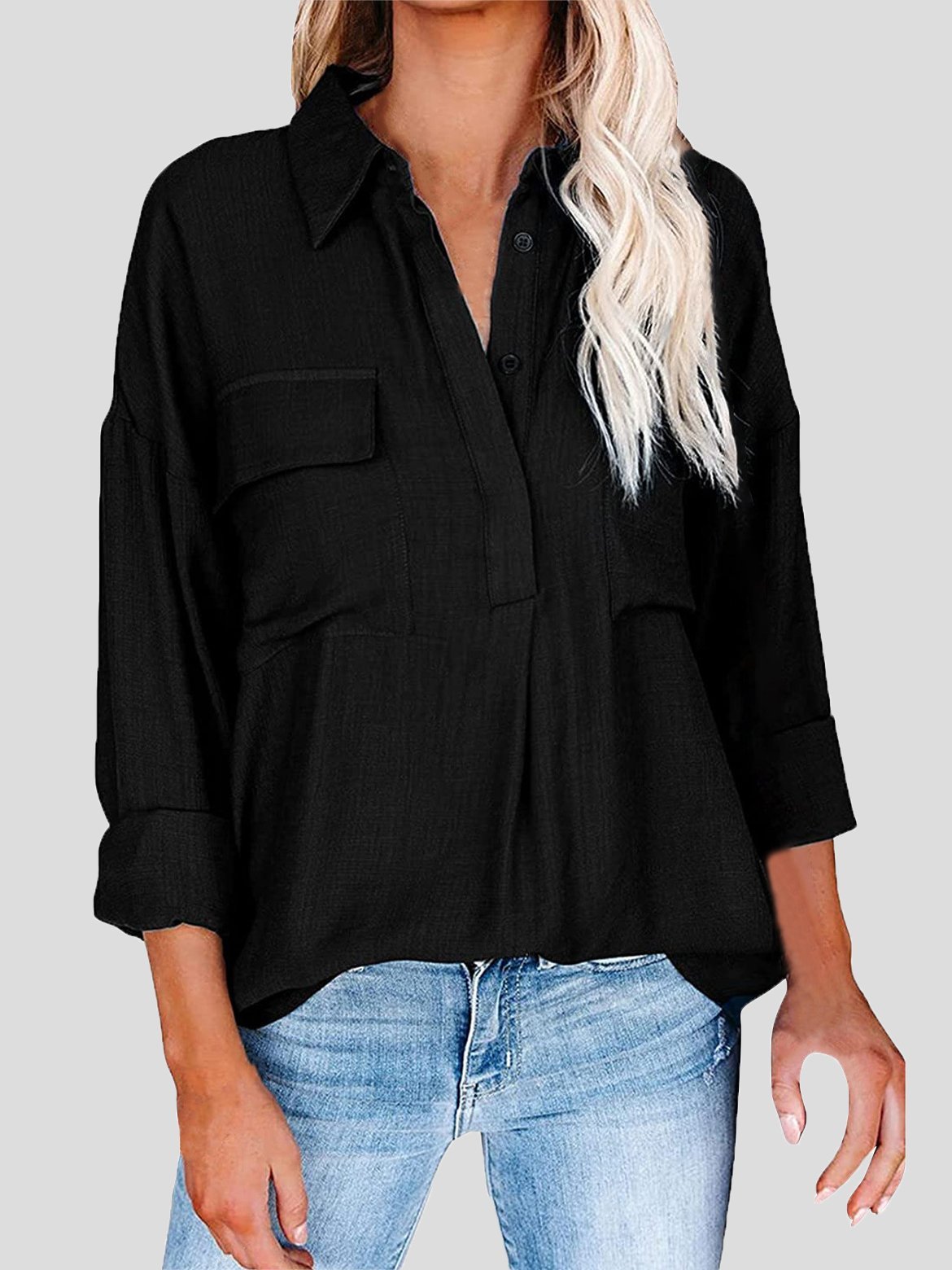 Women's Blouses Lapel Solid Button Pocket Long Sleeve Blouse - Blouses - INS | Online Fashion Free Shipping Clothing, Dresses, Tops, Shoes - 03/11/2021 - 20-30 - BLO2111031406