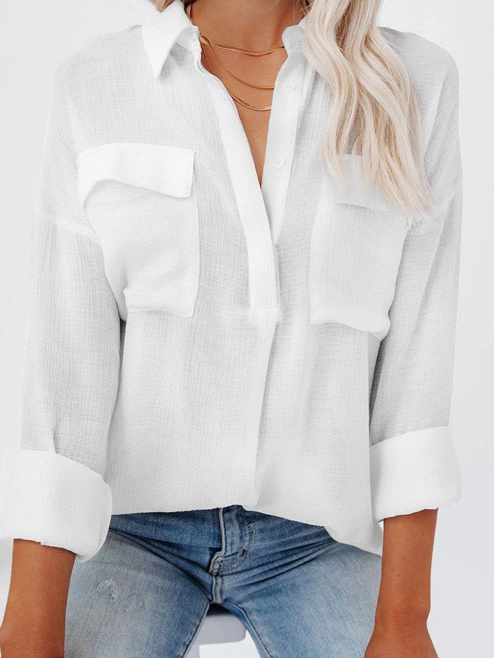 Women's Blouses Lapel Solid Button Pocket Long Sleeve Blouse - Blouses - INS | Online Fashion Free Shipping Clothing, Dresses, Tops, Shoes - 03/11/2021 - 20-30 - BLO2111031406