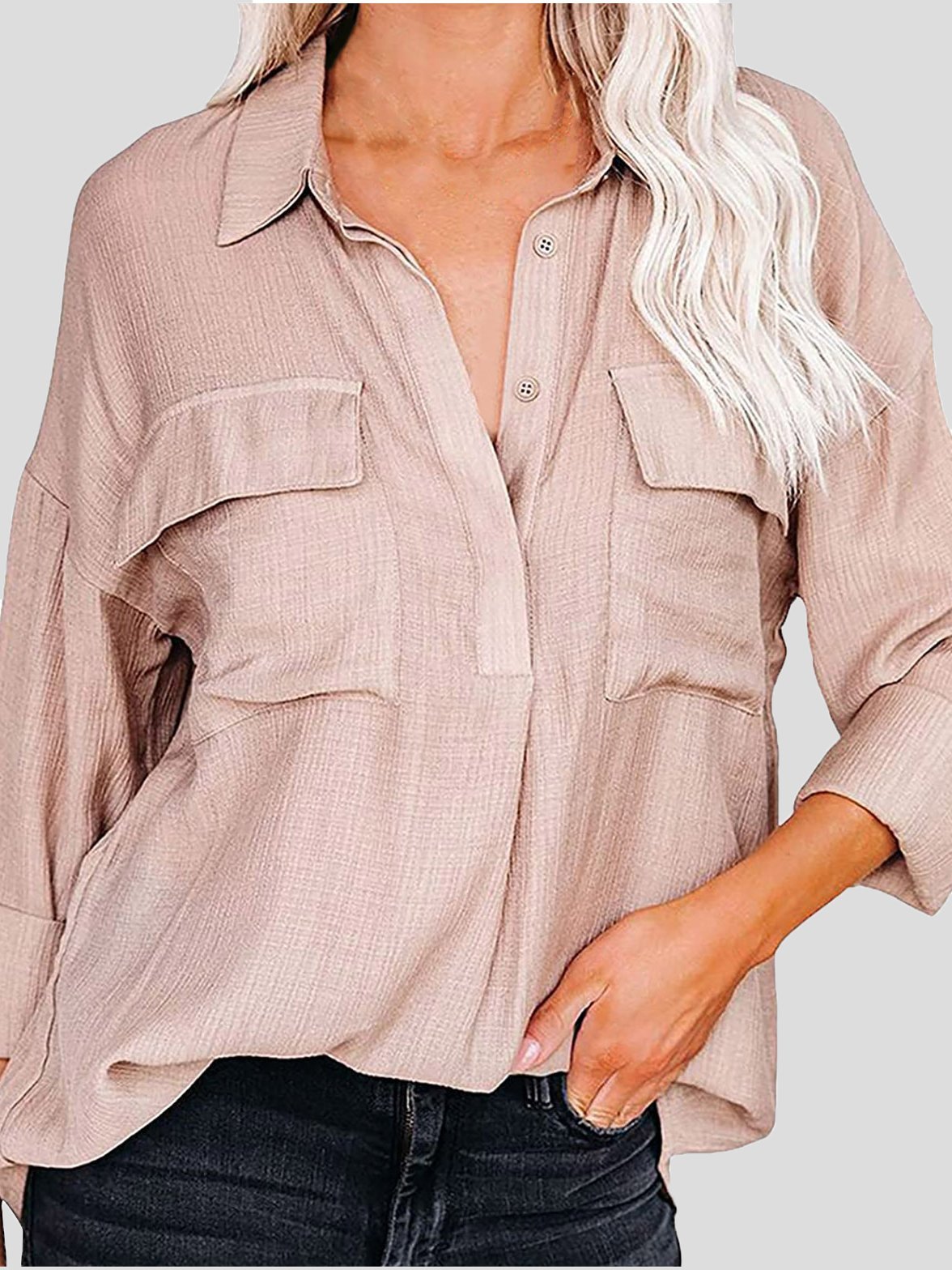 Women's Blouses Lapel Solid Button Pocket Long Sleeve Blouse - Blouses - INS | Online Fashion Free Shipping Clothing, Dresses, Tops, Shoes - 03/11/2021 - 20-30 - BLO2111031406