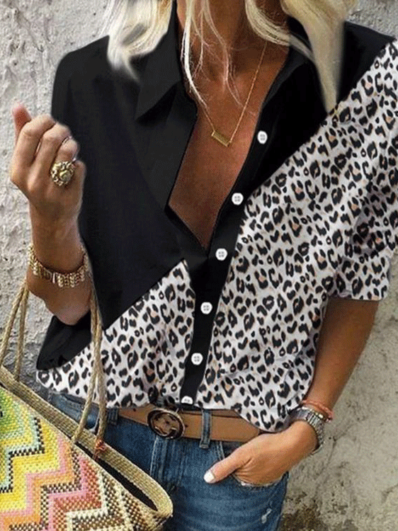 Women's Blouses Leopard Stitching Button Long Sleeve Blouse - Blouses - INS | Online Fashion Free Shipping Clothing, Dresses, Tops, Shoes - 05/11/2021 - 20-30 - BLO2111051410