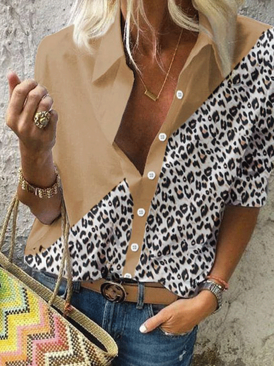 Women's Blouses Leopard Stitching Button Long Sleeve Blouse - Blouses - INS | Online Fashion Free Shipping Clothing, Dresses, Tops, Shoes - 05/11/2021 - 20-30 - BLO2111051410