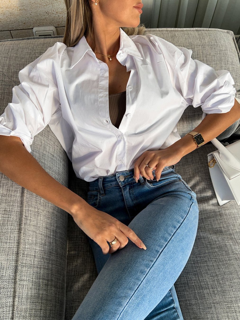 Women's Blouses Loose Solid V-Neck Buttons Long Sleeves Blouse - Blouses - Instastyled | Online Fashion Free Shipping Clothing, Dresses, Tops, Shoes - 20-30 - 28/02/2022 - BLO2202281603