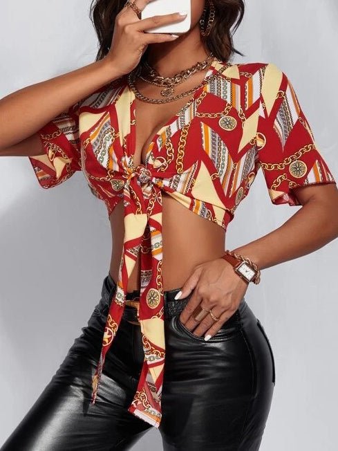 Women's Blouses Printed Short Sleeve Bow Crop Blouse - Blouses - Instastyled | Online Fashion Free Shipping Clothing, Dresses, Tops, Shoes - 07/02/2022 - 20-30 - BLO2202081565