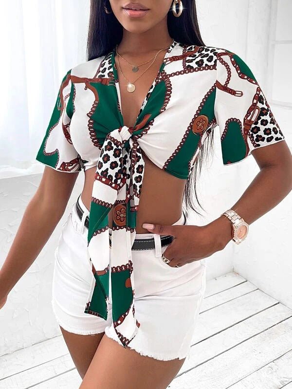 Women's Blouses Printed Short Sleeve Bow Crop Blouse - Blouses - Instastyled | Online Fashion Free Shipping Clothing, Dresses, Tops, Shoes - 07/02/2022 - 20-30 - BLO2202081565