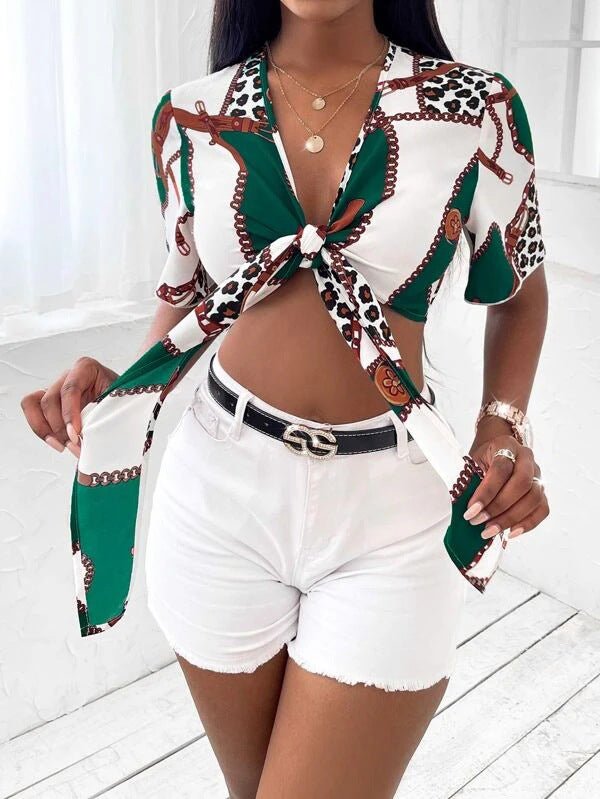 Women's Blouses Printed Short Sleeve Bow Crop Blouse - Blouses - Instastyled | Online Fashion Free Shipping Clothing, Dresses, Tops, Shoes - 07/02/2022 - 20-30 - BLO2202081565