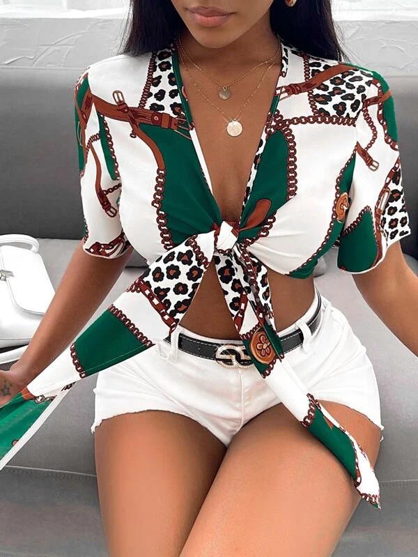 Women's Blouses Printed Short Sleeve Bow Crop Blouse - Blouses - Instastyled | Online Fashion Free Shipping Clothing, Dresses, Tops, Shoes - 07/02/2022 - 20-30 - BLO2202081565