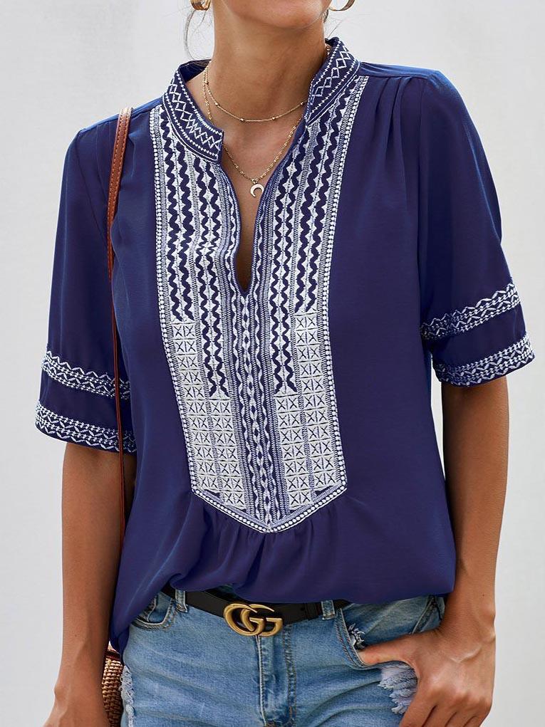 Womens Casual V Neck Shirt Embroidered Print Short/Long Sleeve Tops Loose Blouse - Blouses - INS | Online Fashion Free Shipping Clothing, Dresses, Tops, Shoes - 16/03/2021 - 2XL - 3XL