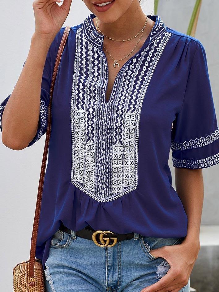 Womens Casual V Neck Shirt Embroidered Print Short/Long Sleeve Tops Loose Blouse - Blouses - INS | Online Fashion Free Shipping Clothing, Dresses, Tops, Shoes - 16/03/2021 - 2XL - 3XL
