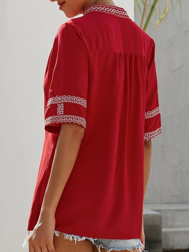 Womens Casual V Neck Shirt Embroidered Print Short/Long Sleeve Tops Loose Blouse - Blouses - INS | Online Fashion Free Shipping Clothing, Dresses, Tops, Shoes - 16/03/2021 - 2XL - 3XL
