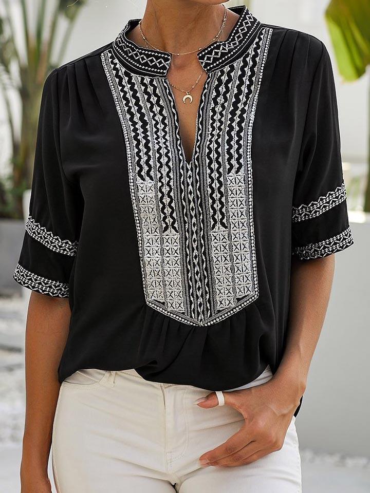 Womens Casual V Neck Shirt Embroidered Print Short/Long Sleeve Tops Loose Blouse - Blouses - INS | Online Fashion Free Shipping Clothing, Dresses, Tops, Shoes - 16/03/2021 - 2XL - 3XL