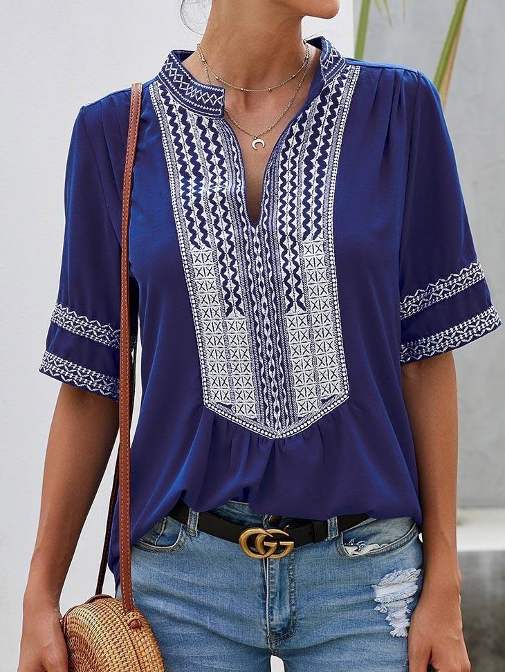 Womens Casual V Neck Shirt Embroidered Print Short/Long Sleeve Tops Loose Blouse - Blouses - INS | Online Fashion Free Shipping Clothing, Dresses, Tops, Shoes - 16/03/2021 - 2XL - 3XL
