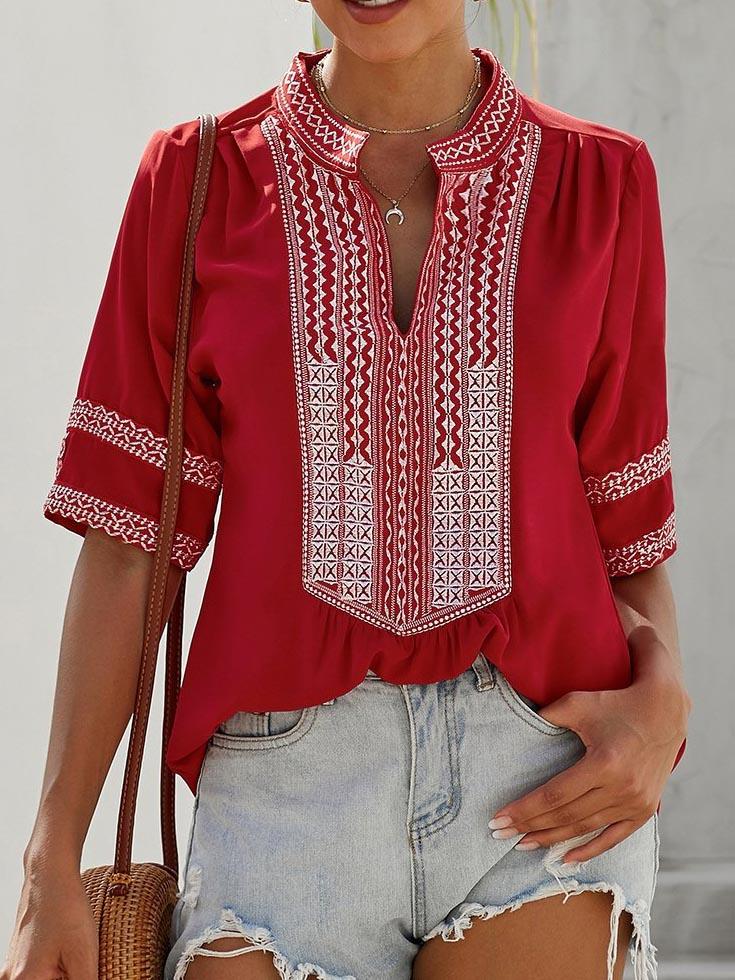 Womens Casual V Neck Shirt Embroidered Print Short/Long Sleeve Tops Loose Blouse - Blouses - INS | Online Fashion Free Shipping Clothing, Dresses, Tops, Shoes - 16/03/2021 - 2XL - 3XL