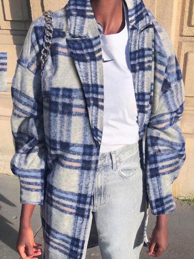 Women's Coats Lapel Check Long Sleeve Woolen Long Coat - Coats & Jackets - Instastyled | Online Fashion Free Shipping Clothing, Dresses, Tops, Shoes - 07/12/2021 - COA2112071345 - Coats & Jackets