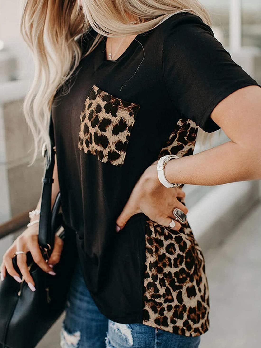 Women’s Crew Neck Leopard Color Block Short Top Casual Loose Blouse Shirts with Pocket - T-Shirts - INS | Online Fashion Free Shipping Clothing, Dresses, Tops, Shoes - "Green - 16/03/2021 - 2XL