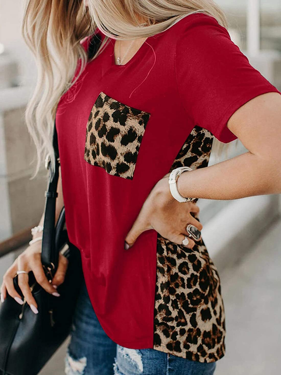 Women’s Crew Neck Leopard Color Block Short Top Casual Loose Blouse Shirts with Pocket - T-Shirts - INS | Online Fashion Free Shipping Clothing, Dresses, Tops, Shoes - "Green - 16/03/2021 - 2XL