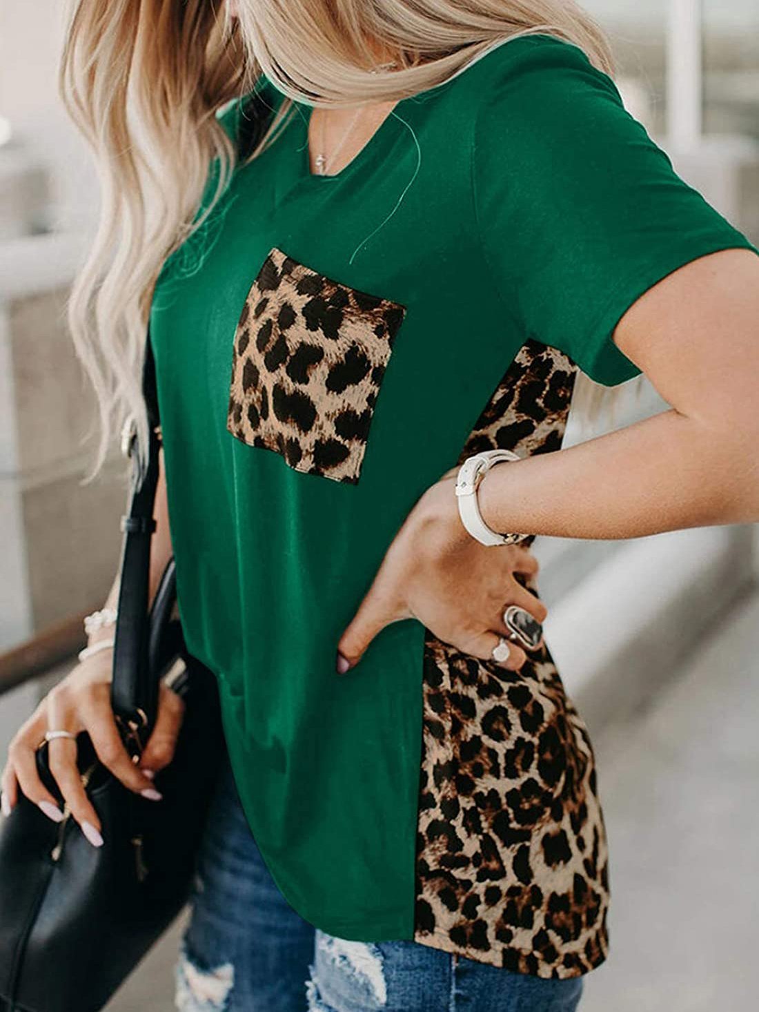 Women’s Crew Neck Leopard Color Block Short Top Casual Loose Blouse Shirts with Pocket - T-Shirts - INS | Online Fashion Free Shipping Clothing, Dresses, Tops, Shoes - "Green - 16/03/2021 - 2XL