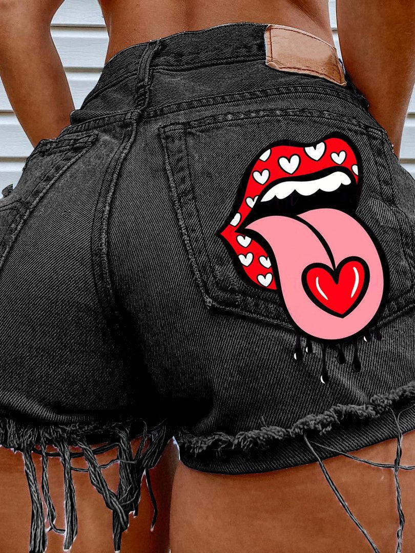 Women's Denim Shorts Mouth-Print Fringed Ripped Denim Shorts - Denim Shorts - Instastyled | Online Fashion Free Shipping Clothing, Dresses, Tops, Shoes - 10/02/2022 - 30-40 - Bottoms