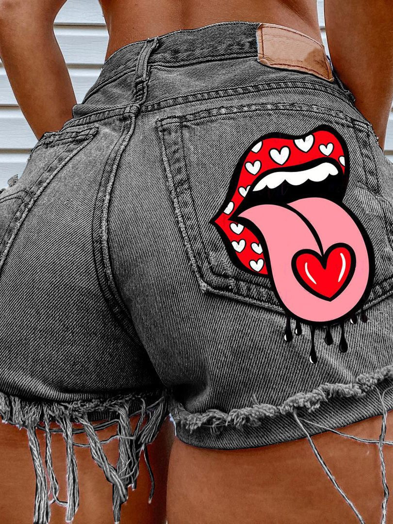 Women's Denim Shorts Mouth-Print Fringed Ripped Denim Shorts - Denim Shorts - Instastyled | Online Fashion Free Shipping Clothing, Dresses, Tops, Shoes - 10/02/2022 - 30-40 - Bottoms