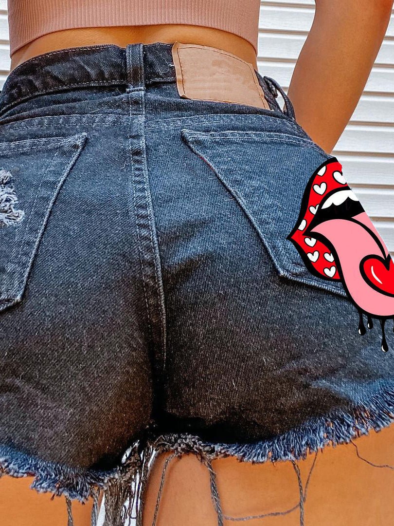 Women's Denim Shorts Mouth-Print Fringed Ripped Denim Shorts - Denim Shorts - Instastyled | Online Fashion Free Shipping Clothing, Dresses, Tops, Shoes - 10/02/2022 - 30-40 - Bottoms
