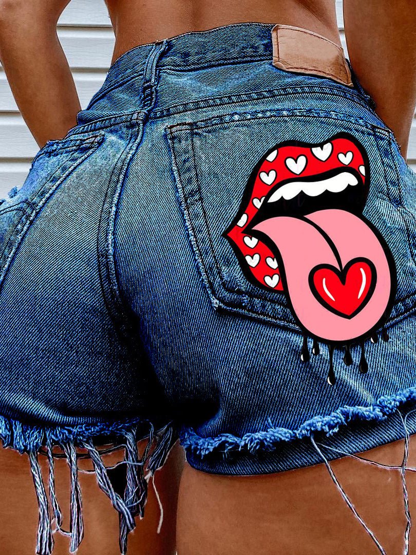 Women's Denim Shorts Mouth-Print Fringed Ripped Denim Shorts - Denim Shorts - Instastyled | Online Fashion Free Shipping Clothing, Dresses, Tops, Shoes - 10/02/2022 - 30-40 - Bottoms