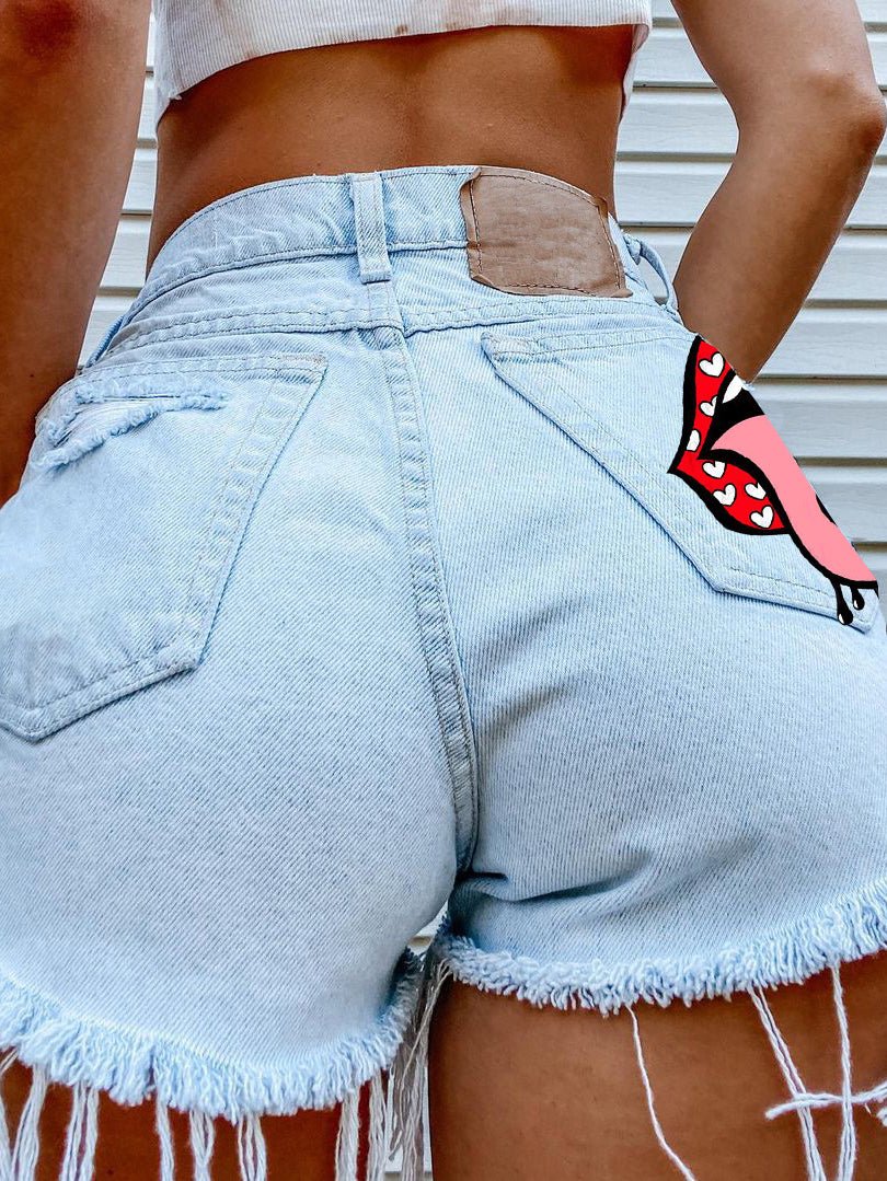Women's Denim Shorts Mouth-Print Fringed Ripped Denim Shorts - Denim Shorts - Instastyled | Online Fashion Free Shipping Clothing, Dresses, Tops, Shoes - 10/02/2022 - 30-40 - Bottoms