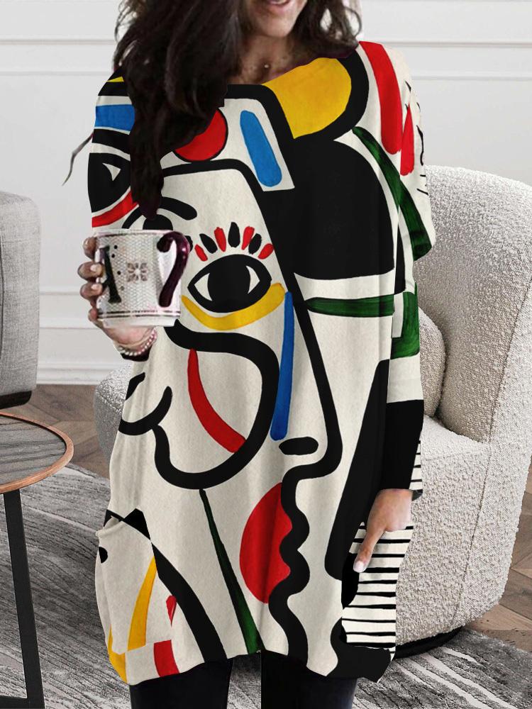 Women's Dresses Abstract Face Print Round Neck Pocket Long Sleeve Dress - Mini Dresses - INS | Online Fashion Free Shipping Clothing, Dresses, Tops, Shoes - 07/09/2021 - 20-30 - Category_Mini Dresses
